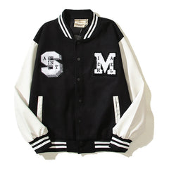 American-style baseball jacket High-street Saint of God American-style color-block varsity jacket for men; loose-fit unisex design featuring leather sleeves and a wool-blend body.
