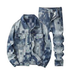 Denim Jacket & Jeans High-Street Trend Streetwear Jacket Vintage Blue Washed Grid Graphic Turquoise Button Casual Denim Outerwear (jacket and jeans must be purchased separately.)