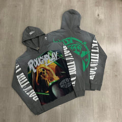 Roughplay Hoodie "In Car" Western-style streetwear: Pure cotton, washed and distressed finish with rhinestone embellishment