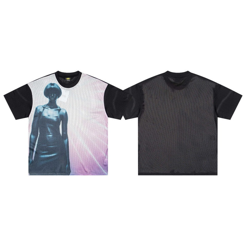 CORTEIZ T-shirt Y2K Mesh Cyber Girl Printed Oversized Futuristic Streetwear Tee