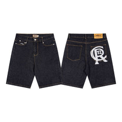 CORTEIZ Denim shorts Y2K Raw Denim Contrast Stitching Big Monogram Printed Loose Fit Shorts