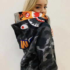 Bathing Shark print Hoodie Tiger Head Shark Double Hood Sweater Camouflage Hoodie Youth Hooded Sweater Casual Coat