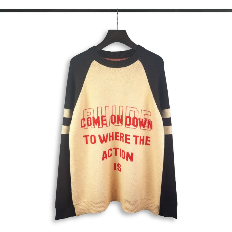 RHUDE knit sweater Distressed Stacked Slogan Motif Color‑Block Raglan Knitwear