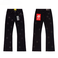 GODSPEED Jeans Denim All-Over Flower Wreath Graphic Split Flare Cut Pants