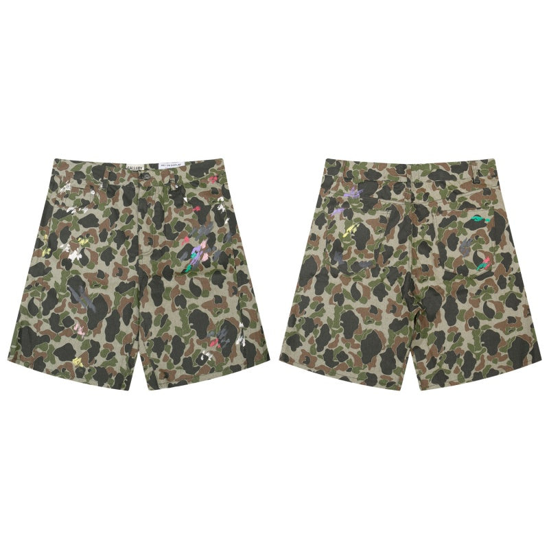 Gallery Dept Denim Shorts Hand-painted splash-ink washed cargo shorts – Camouflage streetwear-style casual knee-length shorts