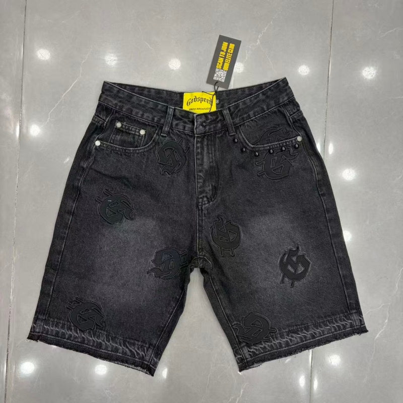 Godspeed Shorts Rivet Decor Dark Fade Graphic Denim Bottoms